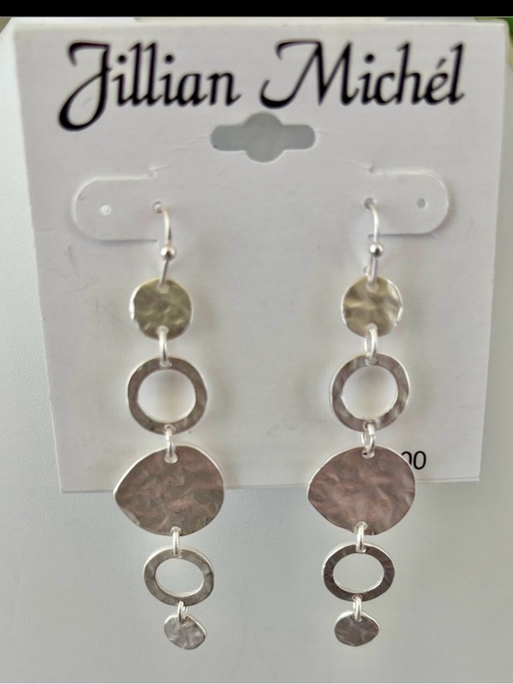 Jillian Michel hammered silvertone metal circular rings & discs,dangle,fishhook